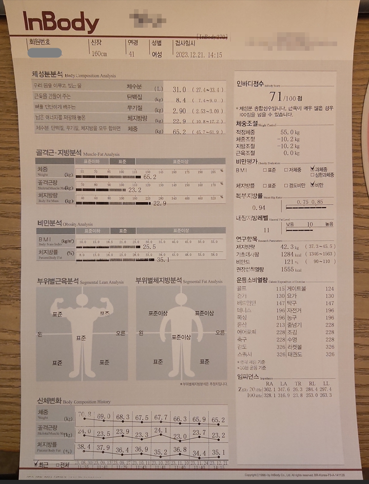 인바디 검사지 — 2023년 12월 21일 마지막 검사