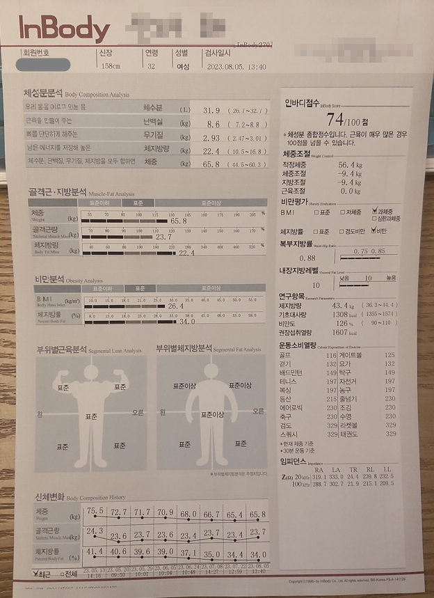 인바디 검사지 — 2023년 5월 13일 첫 검사