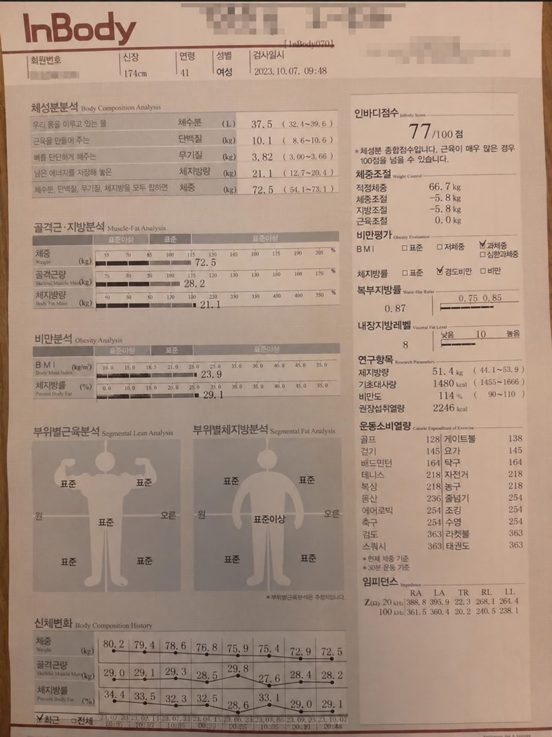 인바디 검사지 — 2023년 10월 7일 마지막 검사