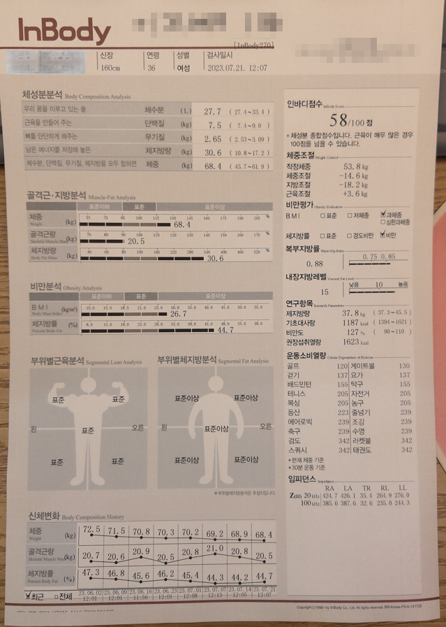 인바디 검사지 — 2023년 7월 21일 마지막 검사
